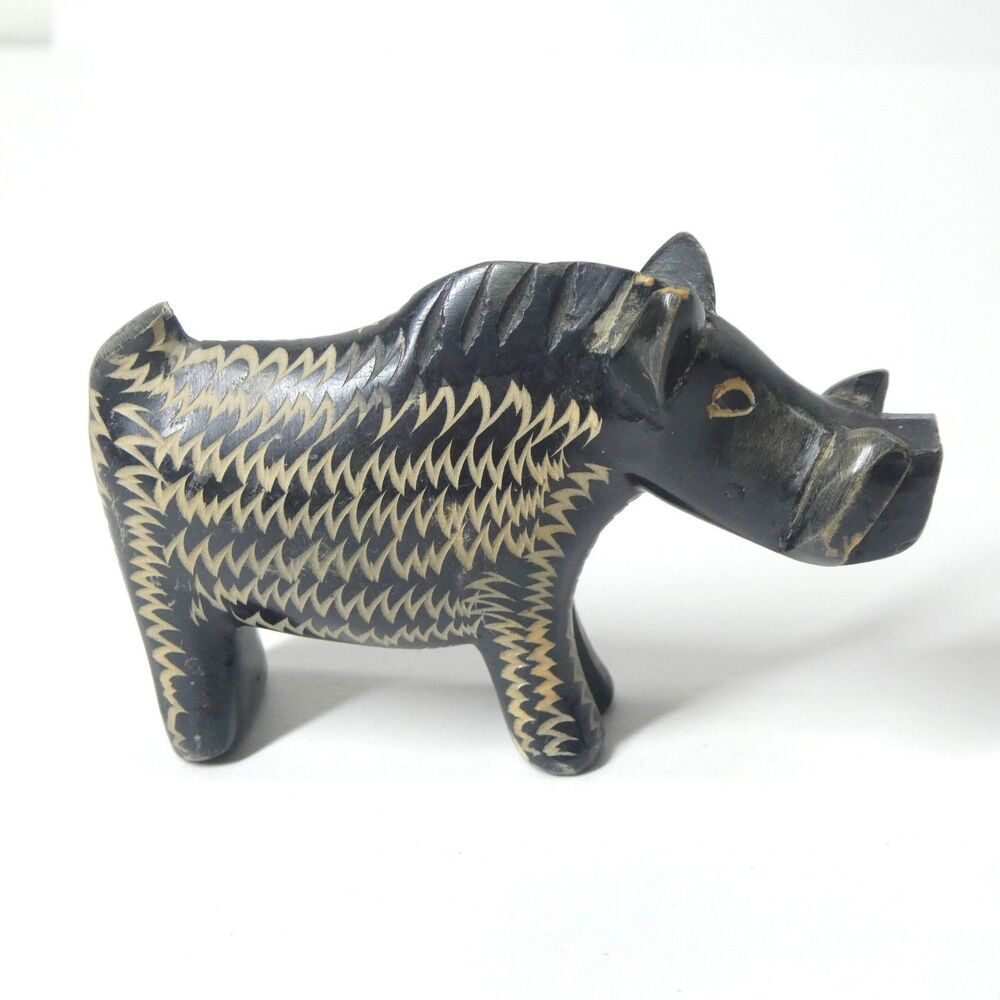 Carved Hippo Animal Figurine Black Vintage Stone